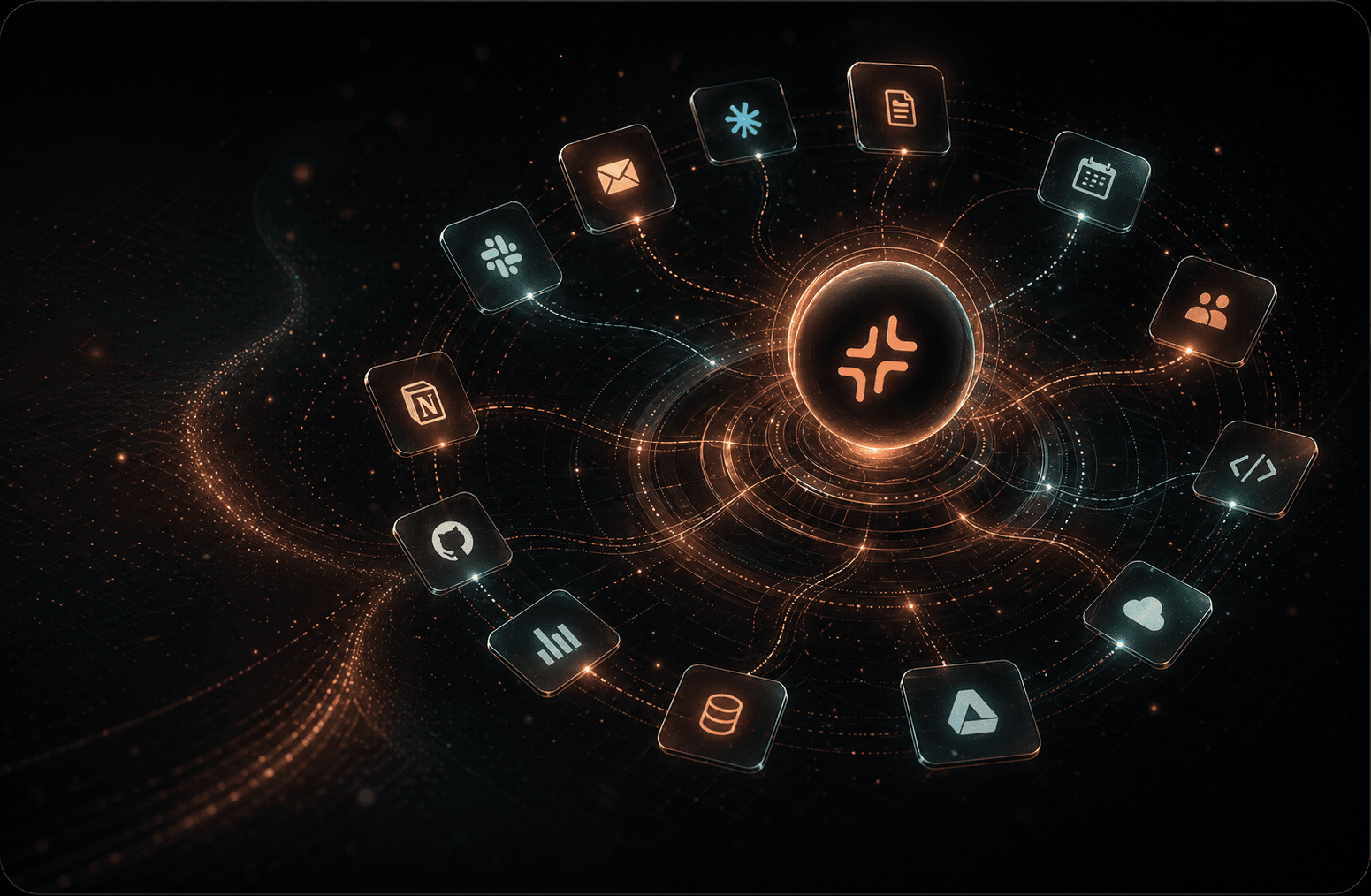 A luminous AI workspace connected to app integrations