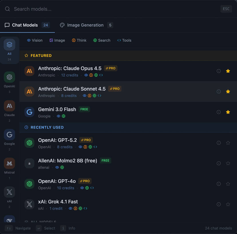 Model selector showing top AI models from multiple providers