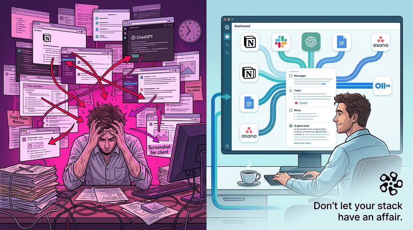Split-screen illustration: stressed professional drowning in disconnected AI tools on the left versus calm professional using a single unified Springbase dashboard on the right