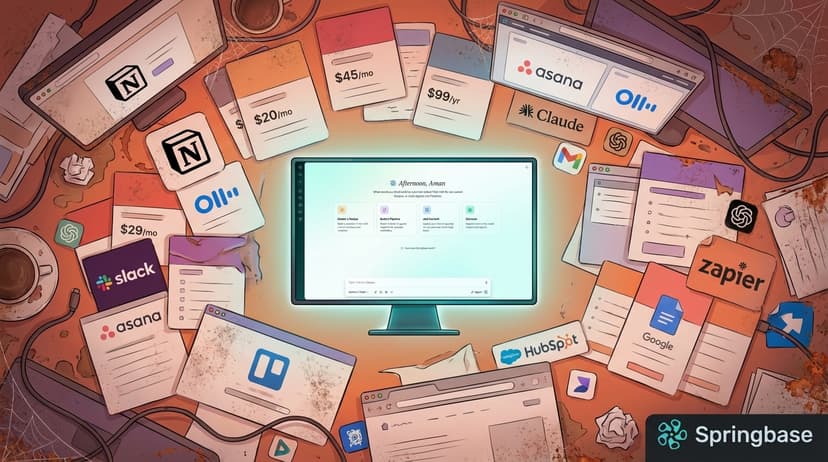 Bird's-eye illustration of a professional's desk overflowing with scattered AI subscription cards and app icons, with a single clean Springbase dashboard glowing at the center as the eye of the storm